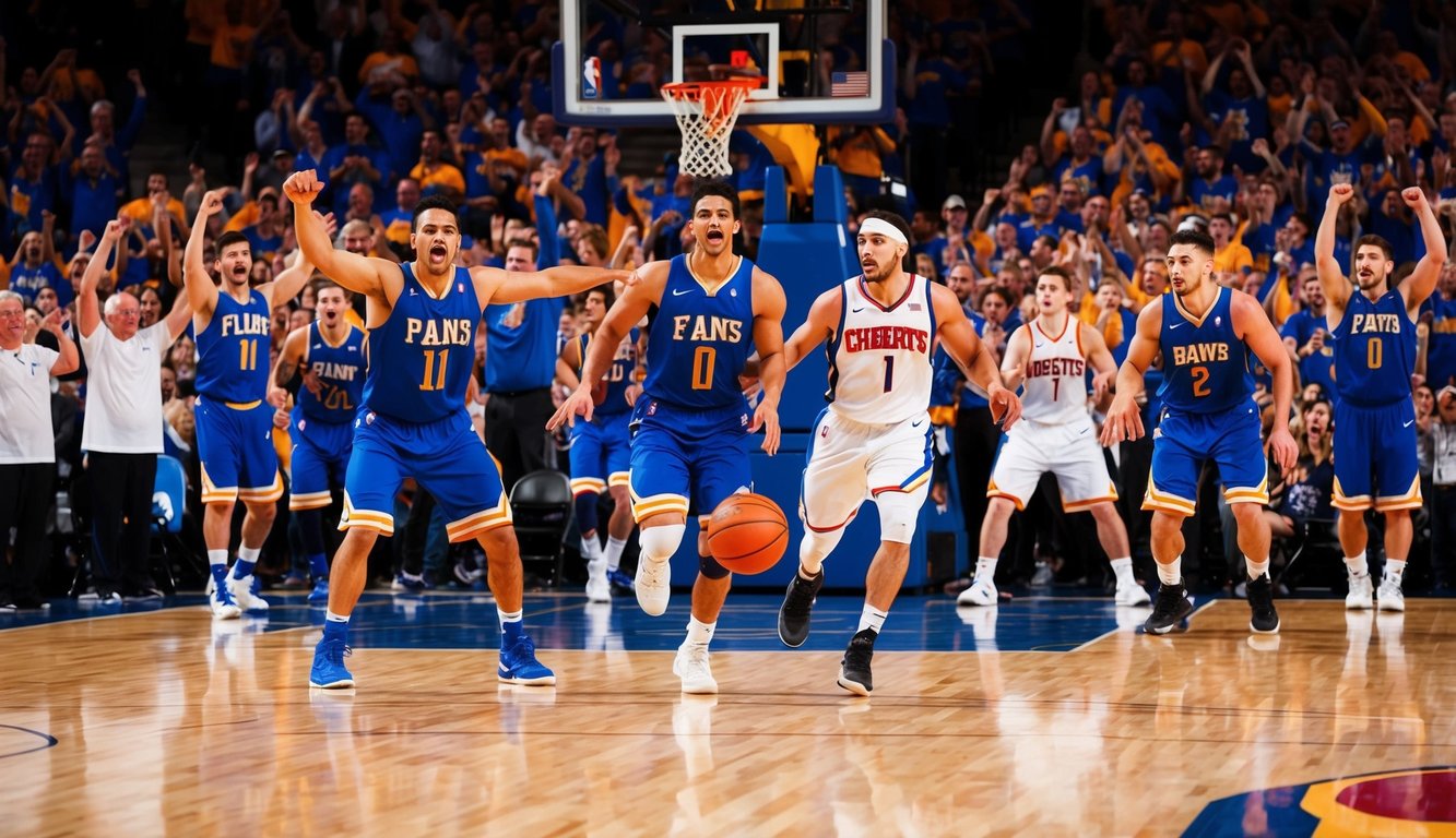 Sebuah lapangan basket yang dipenuhi dengan penggemar yang bersorak dan pemain yang sedang beraksi