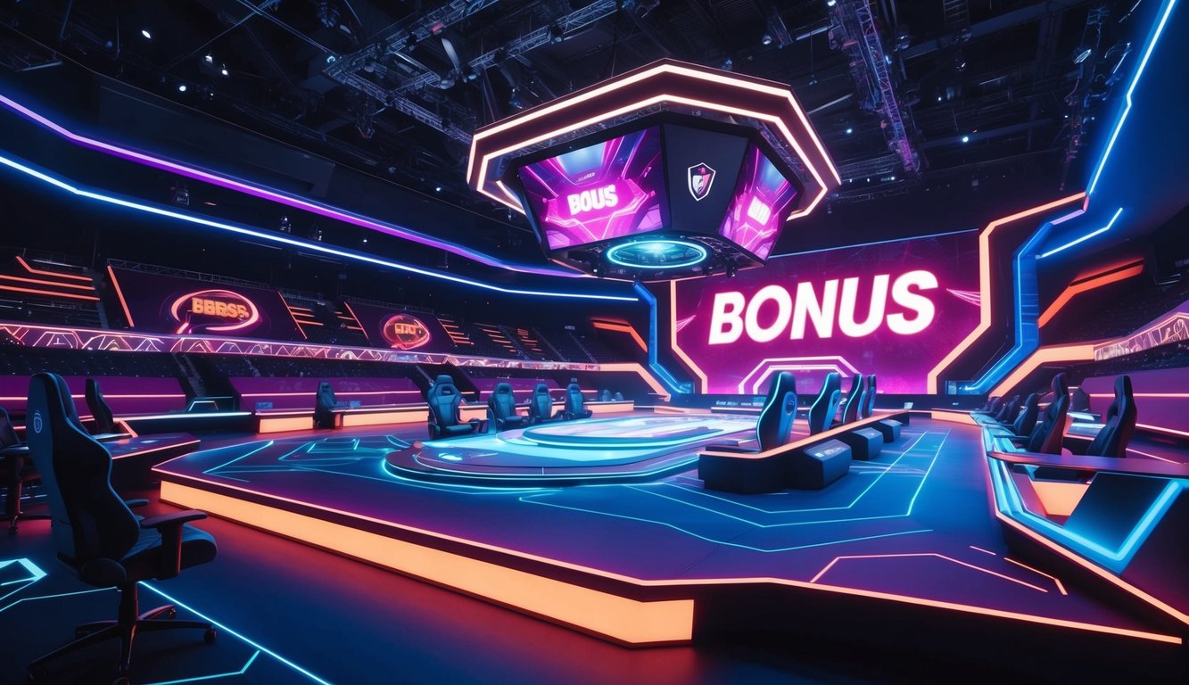 Sebuah arena e-sports yang futuristik dan penuh warna dengan grafis yang mencolok dan tanda bonus besar