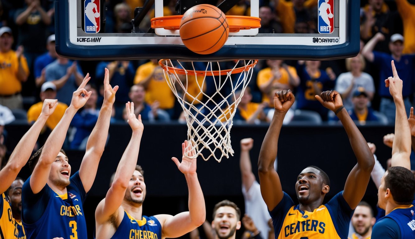 Sebuah bola basket melayang melalui jaring, dikelilingi oleh penggemar yang bersorak dan pemain merayakan kemenangan