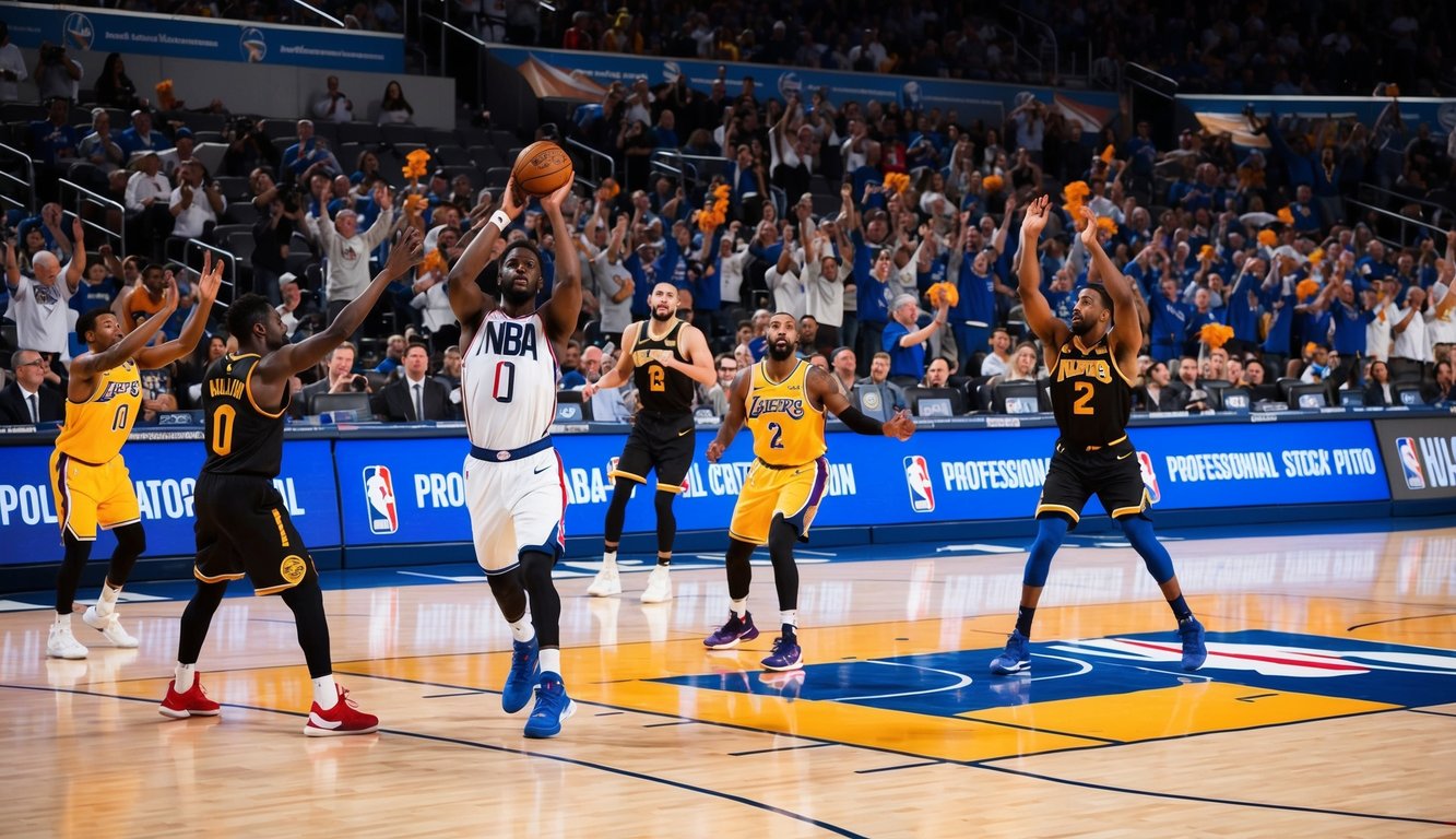 Sebuah lapangan basket dengan logo NBA, pemain dalam aksi, dan penggemar bersorak