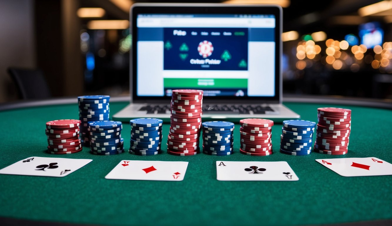 Sekelompok chip poker dan kartu yang disusun di atas meja felt hijau, dengan laptop ramping yang menampilkan situs web poker online di latar belakang