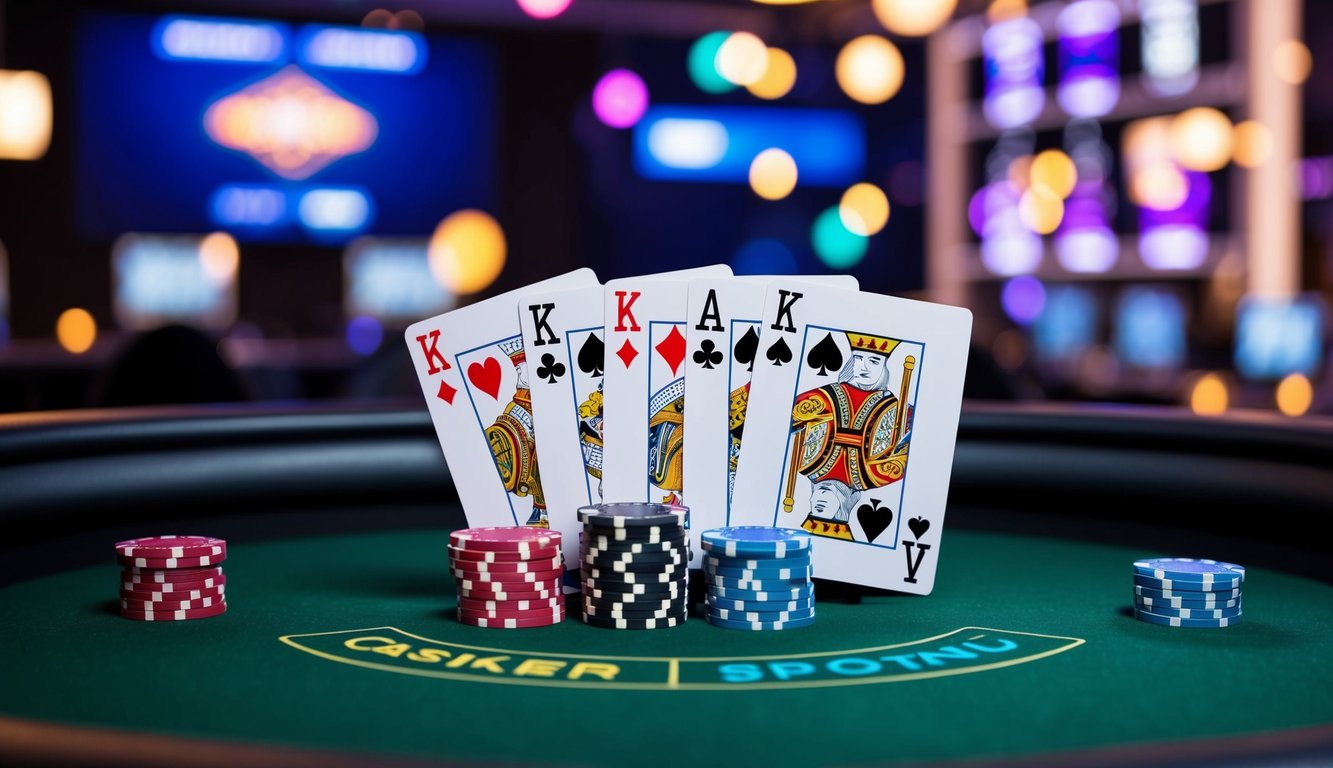 Sebuah meja poker online yang ramping dan modern dengan kartu dan chip virtual yang cerah, diatur di latar belakang kasino digital