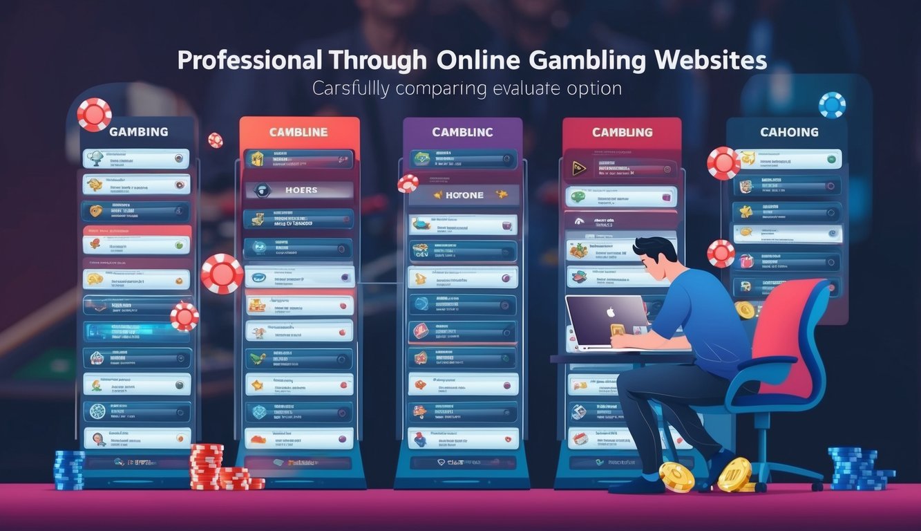 Seseorang yang sedang menjelajahi daftar situs judi online, dengan hati-hati membandingkan dan mengevaluasi setiap opsi sebelum mengambil keputusan.