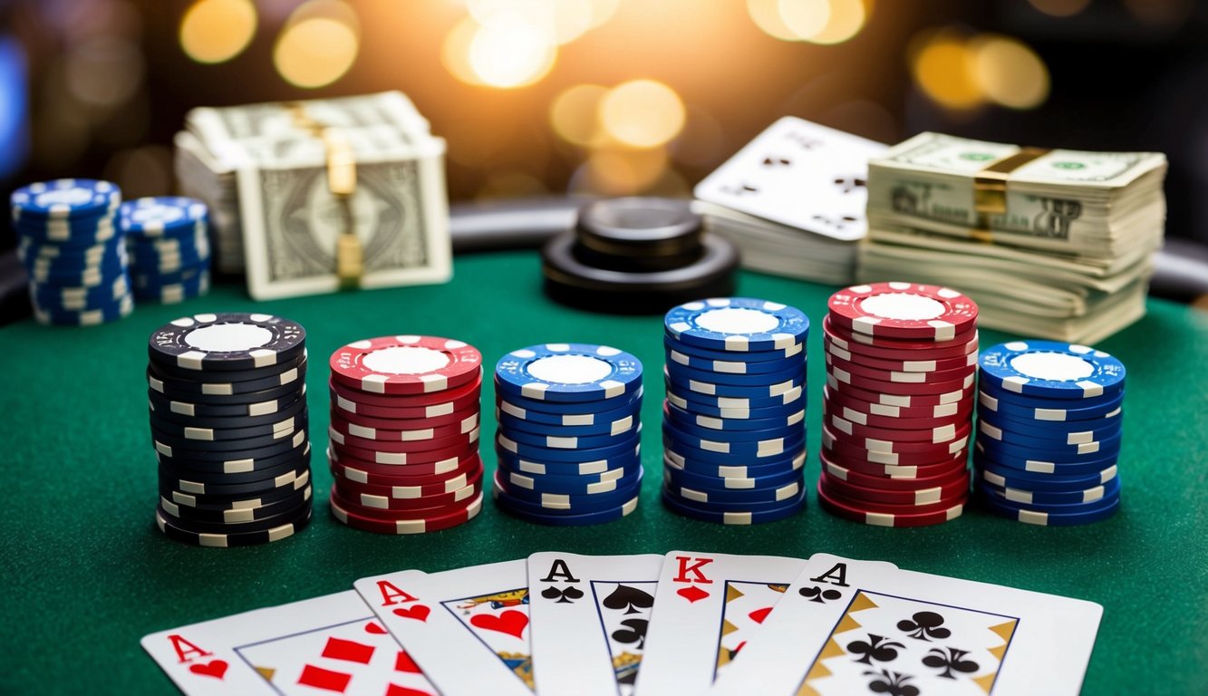 Sekelompok chip poker dan kartu remi yang disusun di atas meja felt hijau, dengan tombol dealer dan tumpukan uang tunai di latar belakang