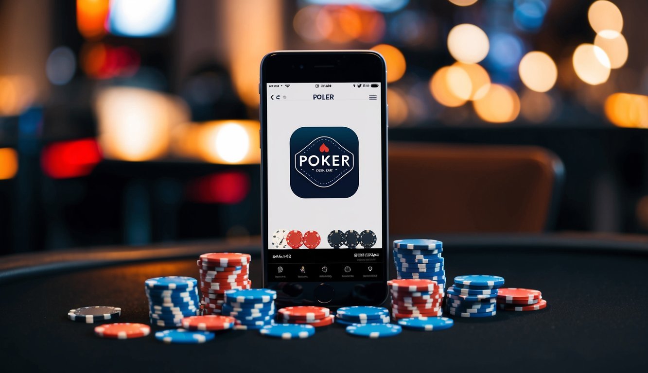 Sebuah smartphone dengan aplikasi poker terbuka, chip-chip berserakan di atas meja