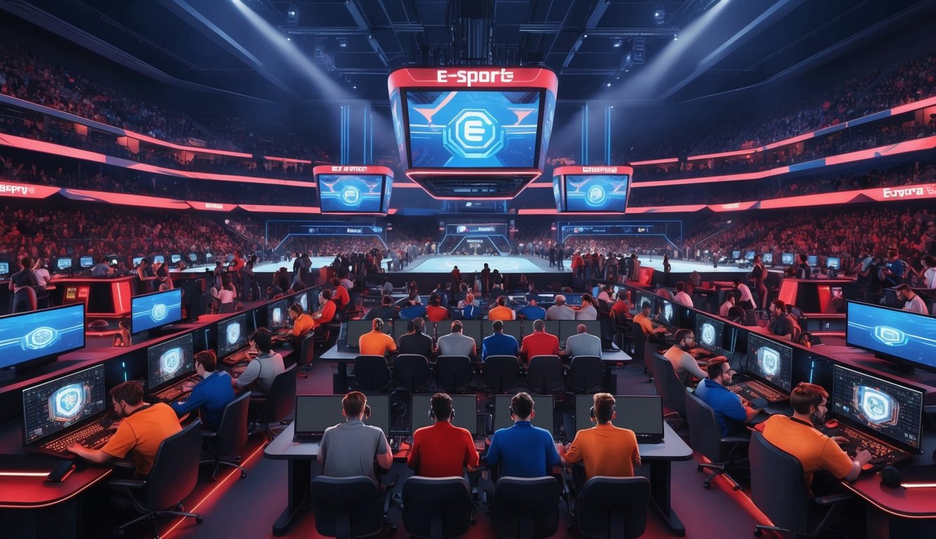 Sebuah arena e-sports yang ramai dengan layar turnamen besar dan stasiun taruhan