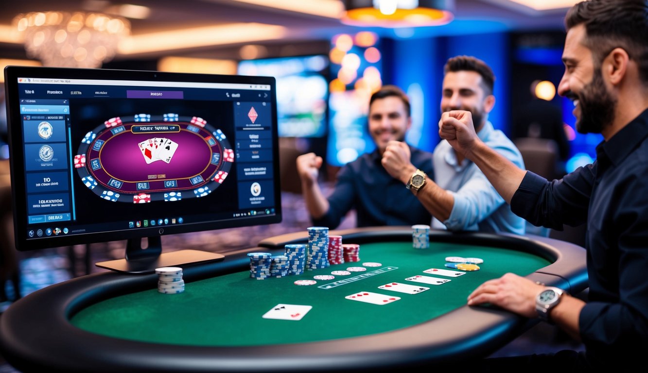 Sebuah meja poker dengan kartu dan chip virtual, layar komputer yang menampilkan permainan poker online, dan seorang pemain merayakan tangan kemenangan