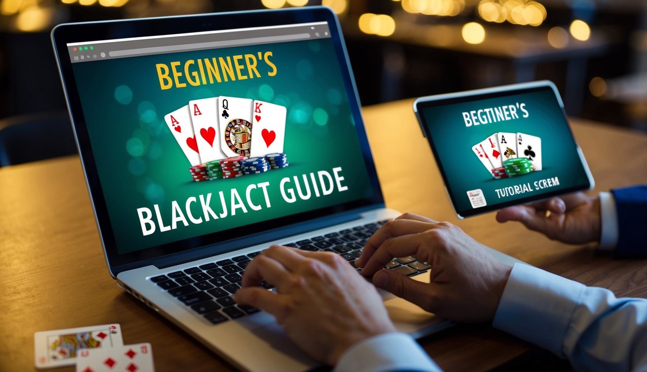 Panduan blackjack online untuk pemula dengan laptop, kartu, dan layar tutorial