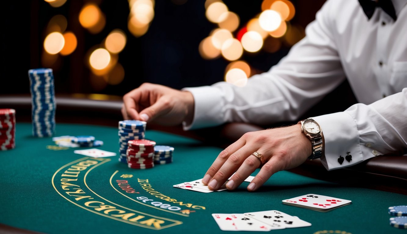 Sebuah meja blackjack virtual dengan dealer langsung, kartu, dan chip