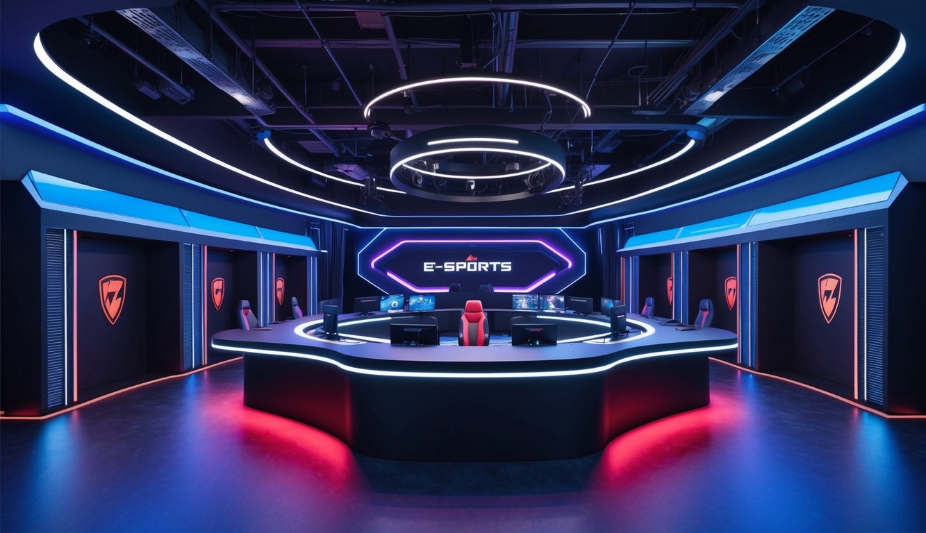 Arena permainan e-sports profesional dengan desain yang ramping dan modern serta peralatan canggih