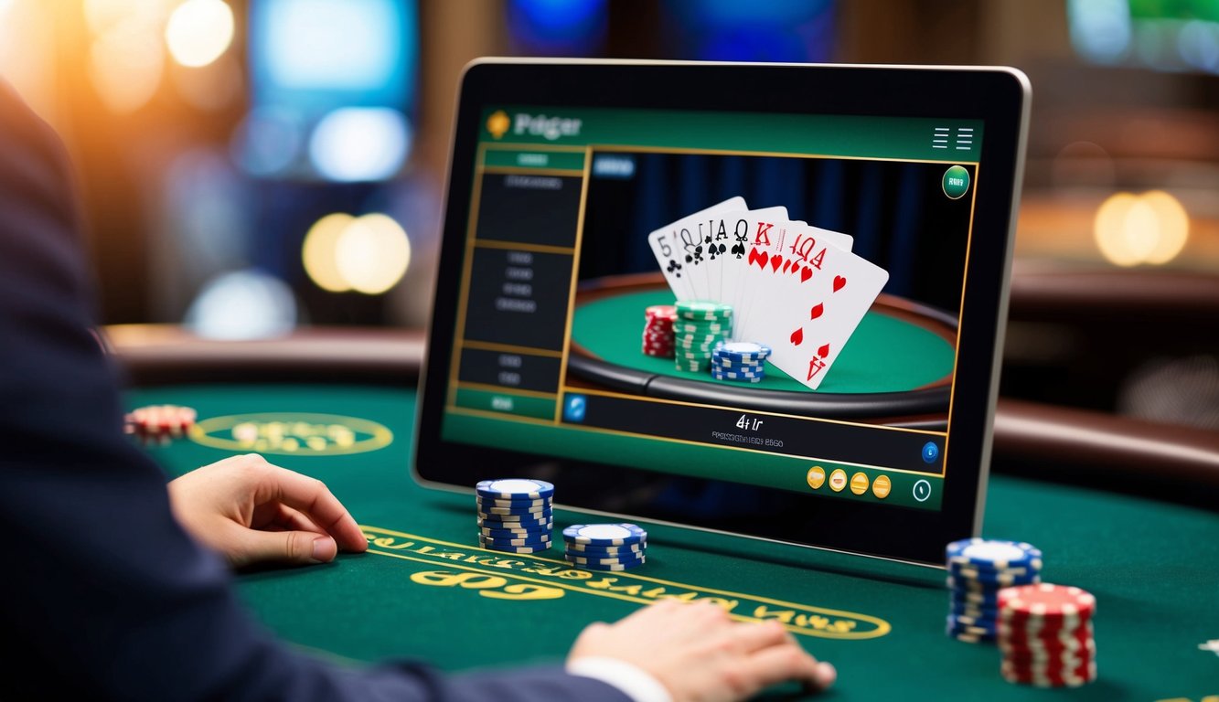 Sebuah layar digital menampilkan tangan menang dalam permainan blackjack online, dengan chip dan kartu virtual di atas meja