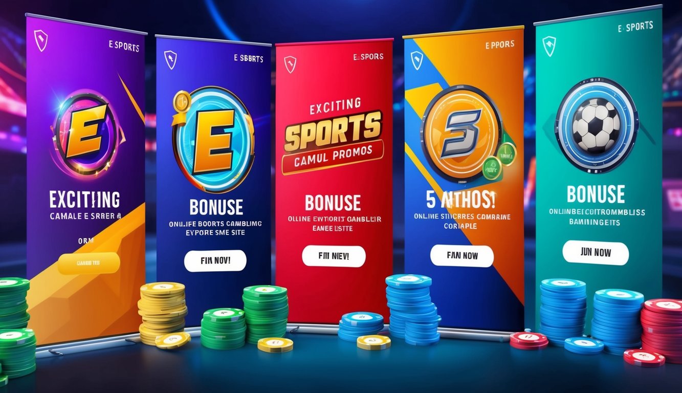 Spanduk dan grafik berwarna-warni yang mempromosikan bonus dan promosi menarik di situs judi e-sports online