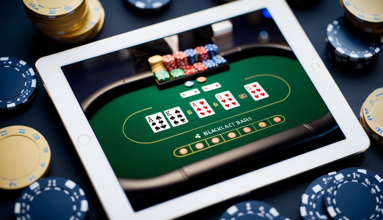 Sebuah meja blackjack digital dengan kartu dan chip virtual, dikelilingi oleh antarmuka yang ramping dan modern