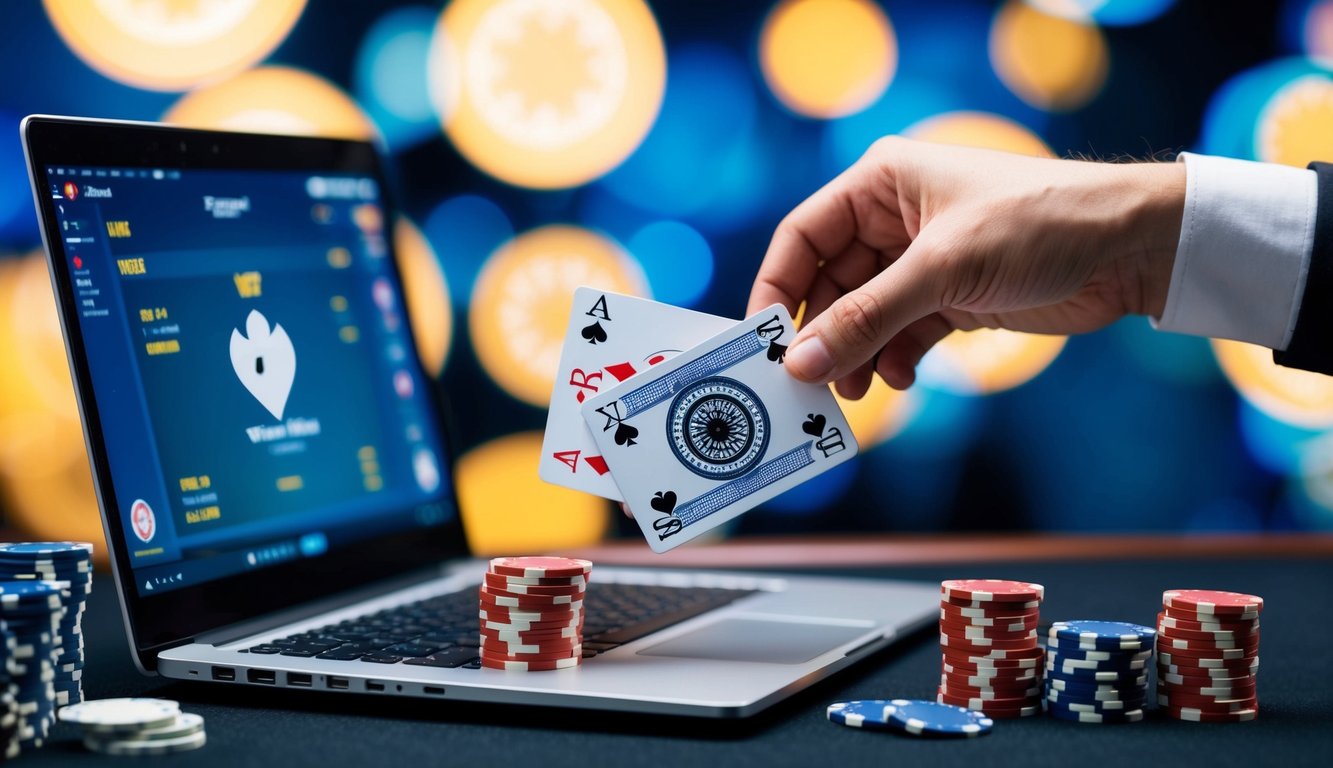 Sebuah laptop dikelilingi oleh tumpukan chip poker, satu set kartu yang menang, dan latar belakang kasino virtual