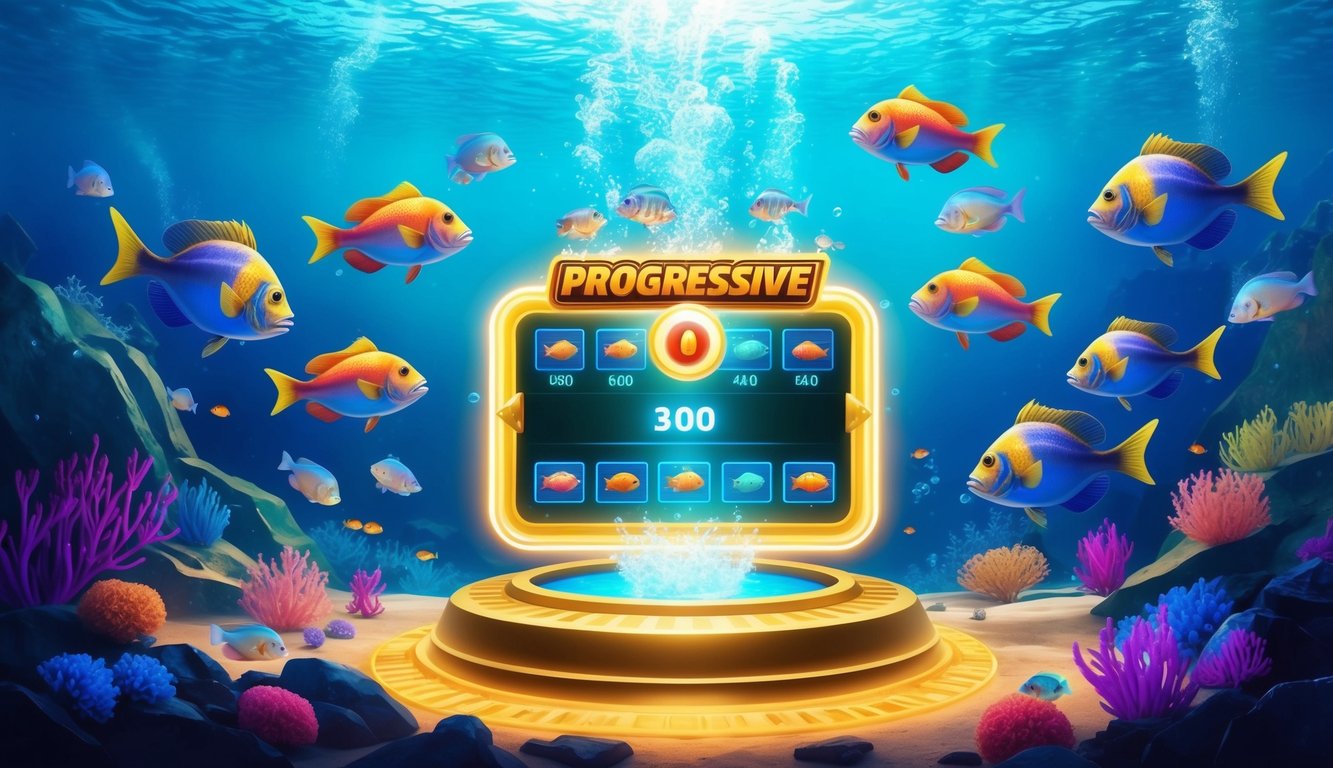 Dunia bawah laut yang hidup dengan ikan berwarna-warni berenang di sekitar platform permainan tembak-menembak online yang bercahaya dengan jackpot progresif