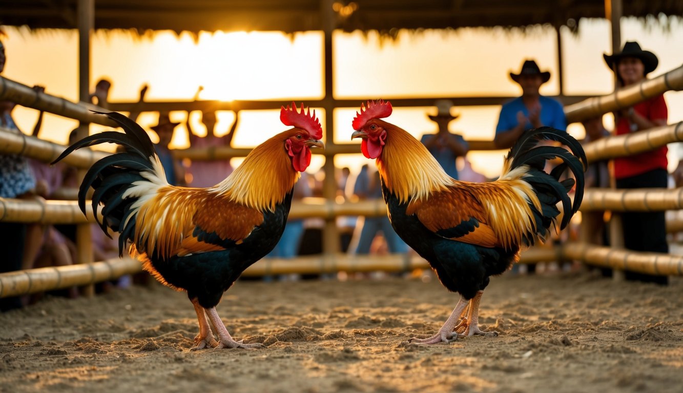 Dua ayam jantan berhadapan di arena yang dikelilingi pagar bambu, dikelilingi oleh penonton yang bersorak. Matahari terbenam di latar belakang, memancarkan cahaya hangat di atas pemandangan tersebut.