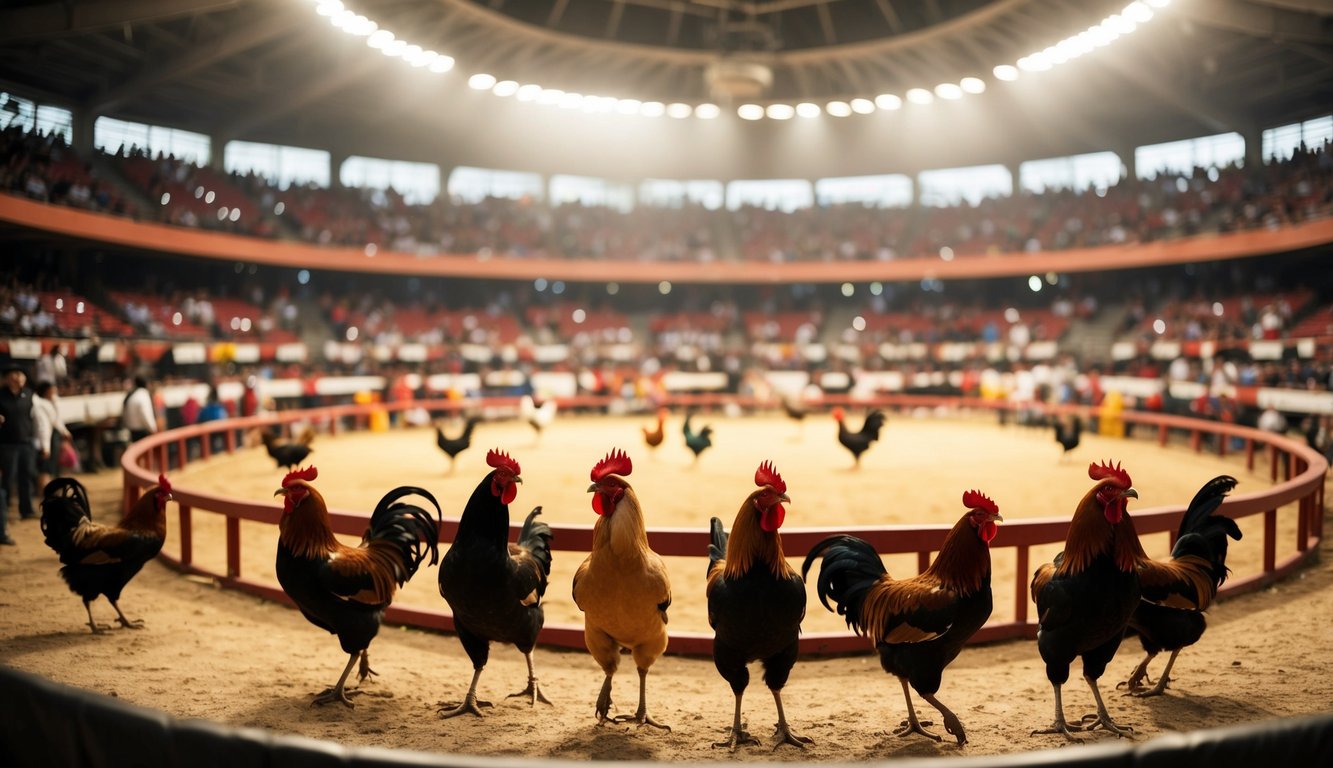 Sebuah arena sabung ayam yang ramai dengan penonton yang bersorak dan ayam jantan berwarna-warni di tengah ring