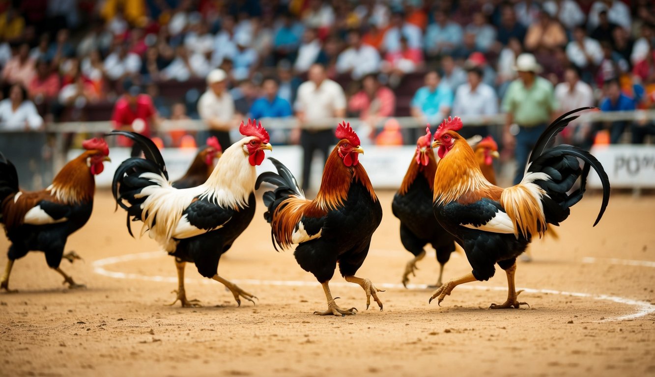 Sebuah arena sabung ayam yang ramai dengan penonton yang bersorak dan ayam jantan yang bertarung