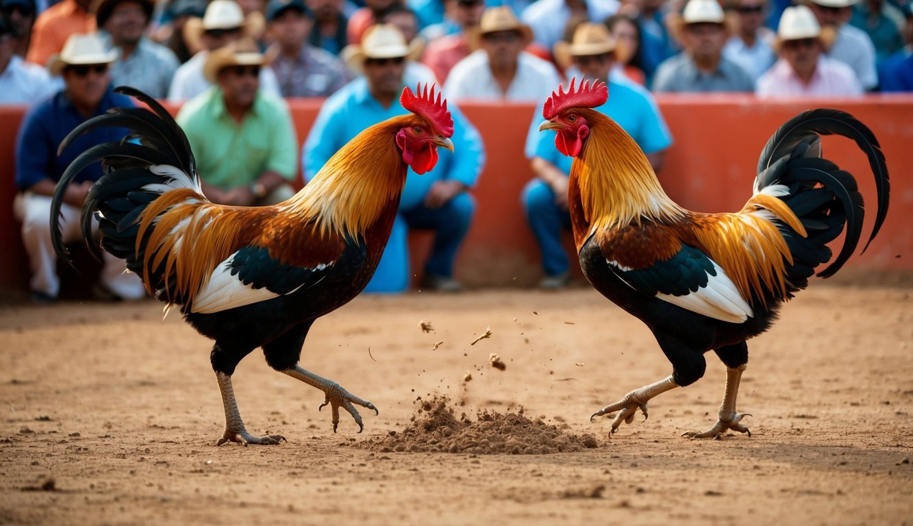 Dua ayam jantan berhadapan di arena tanah yang dikelilingi oleh penonton yang bersorak. Bulu beterbangan saat burung-burung bertarung dalam acara sabung ayam tradisional.