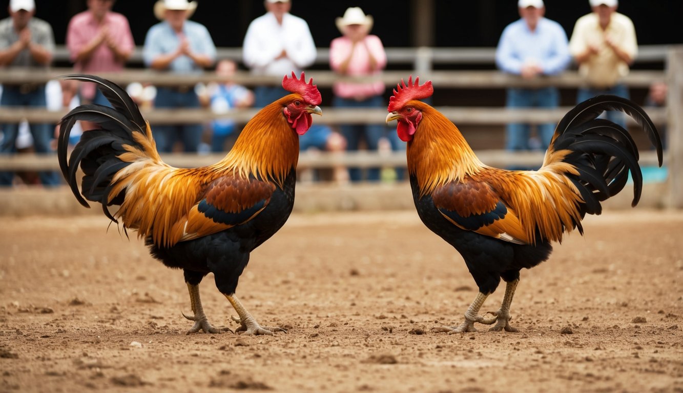 Dua ayam jantan berhadapan di arena tanah, dikelilingi oleh penonton yang bersorak