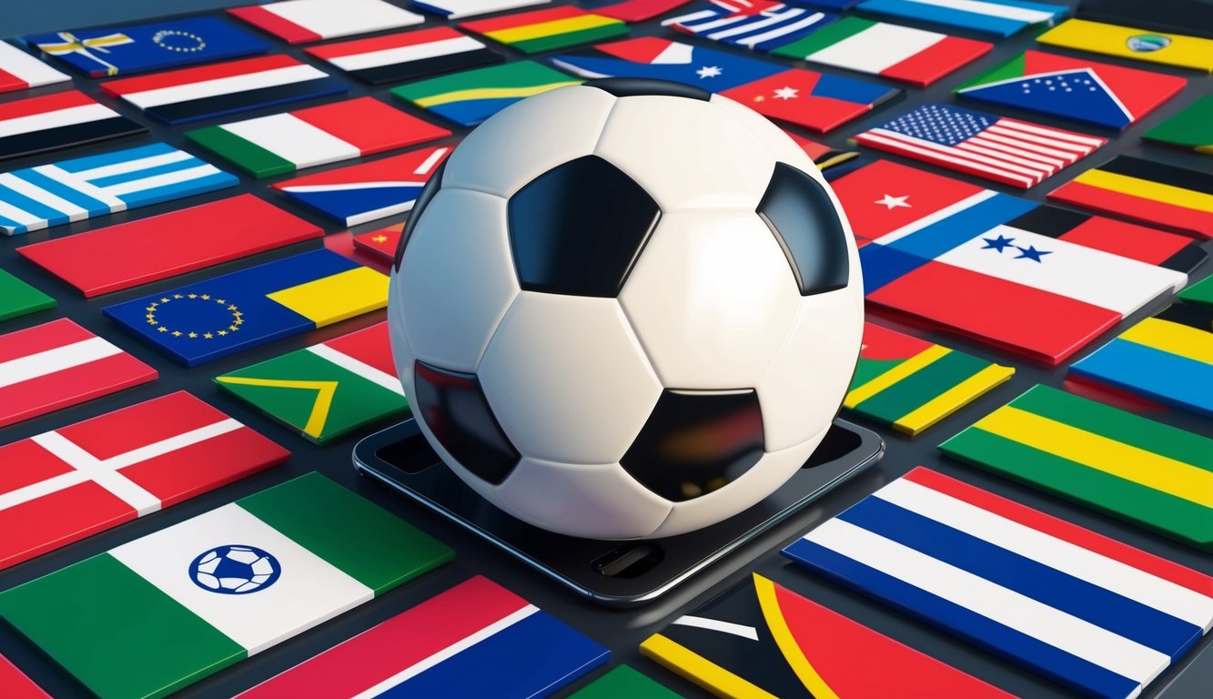 Sebuah bola sepak dikelilingi oleh bendera internasional di platform digital