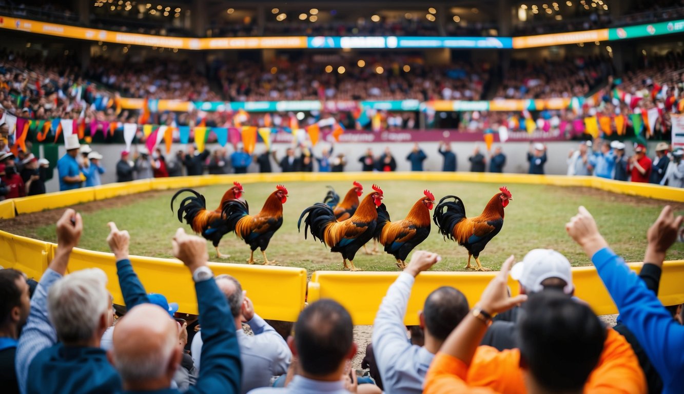 Sebuah arena luar ruangan yang ramai dengan ayam jantan di tengah, dikelilingi oleh penonton yang bersorak dan spanduk berwarna-warni