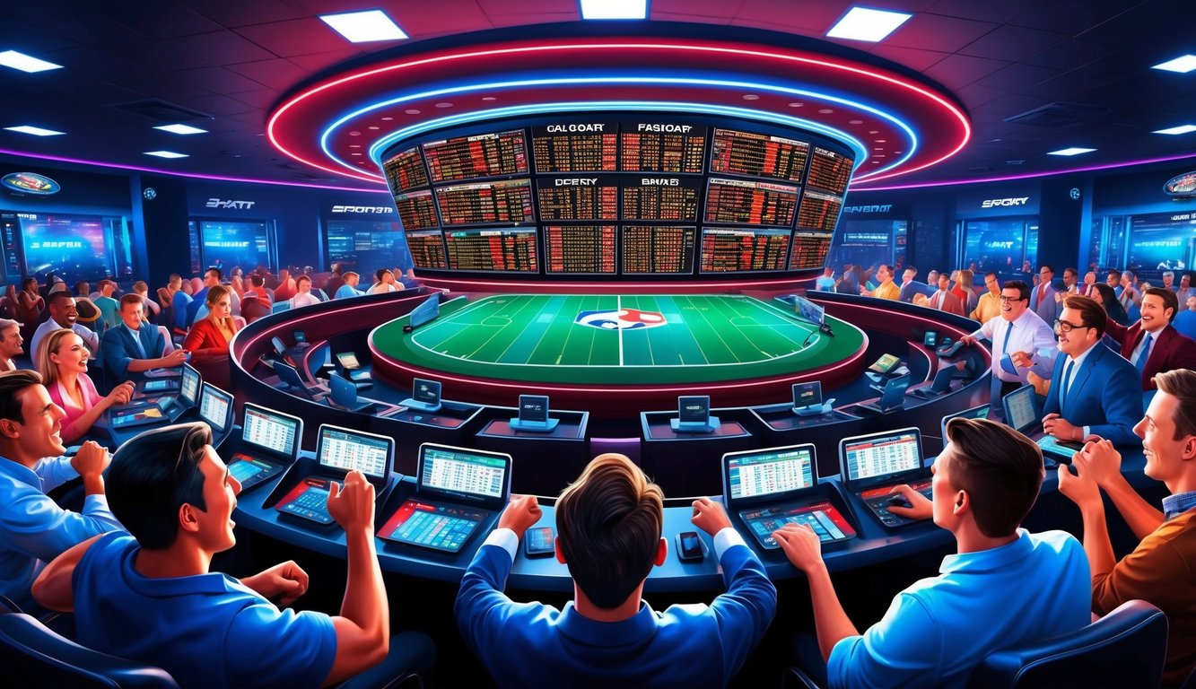 Sebuah sportsbook yang hidup dengan desain ramping dan tampilan odds yang dinamis, dikelilingi oleh para penjudi yang bersemangat dan suasana yang ramai