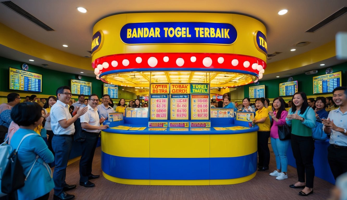 Sebuah stan tiket lotere yang berwarna-warni dan cerah dengan tanda besar yang menampilkan "Bandar Togel Terbaik" dikelilingi oleh pelanggan yang bersemangat