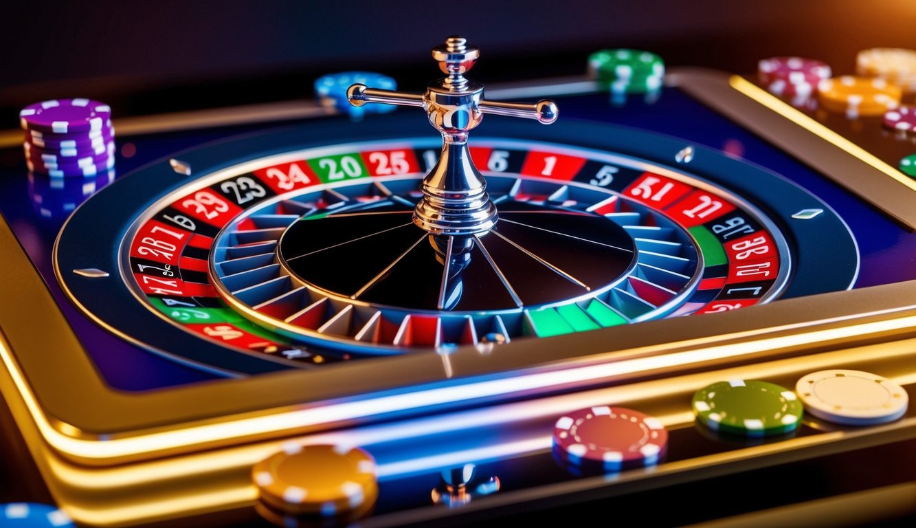 Roda roulette digital berputar di layar yang bersinar, dikelilingi oleh chip kasino berwarna-warni dan antarmuka yang ramping serta modern