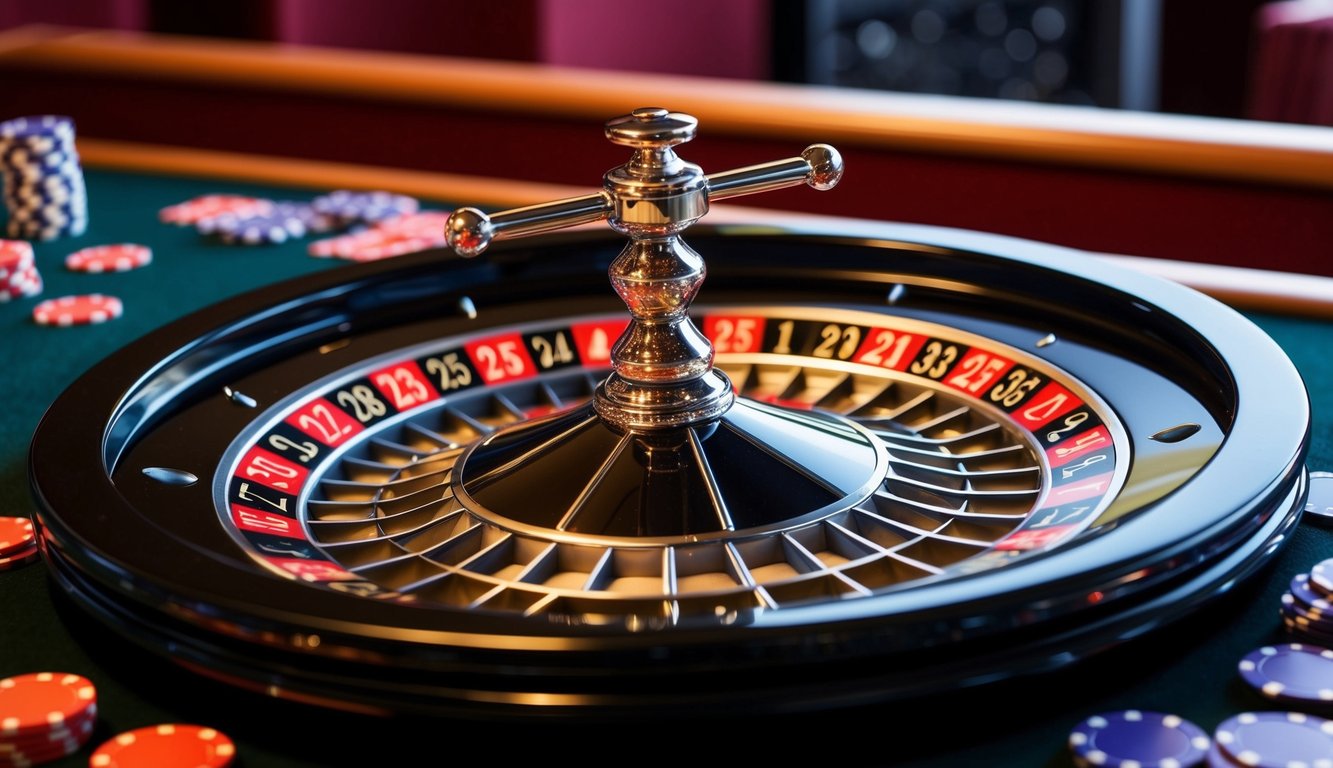 Sebuah roda roulette berputar dengan chip yang tersebar di meja