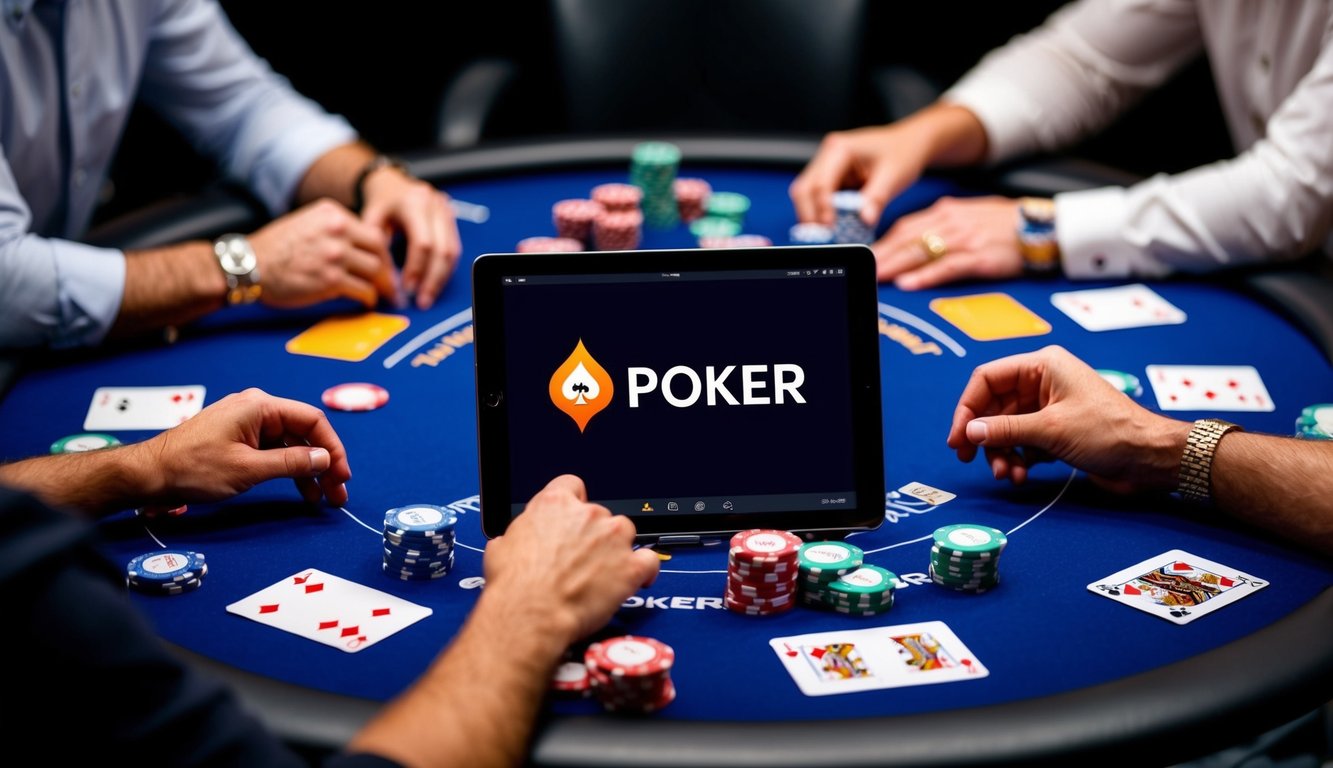 Sebuah meja poker dikelilingi oleh pemain, chip, dan kartu, dengan perangkat digital yang menampilkan logo situs poker online