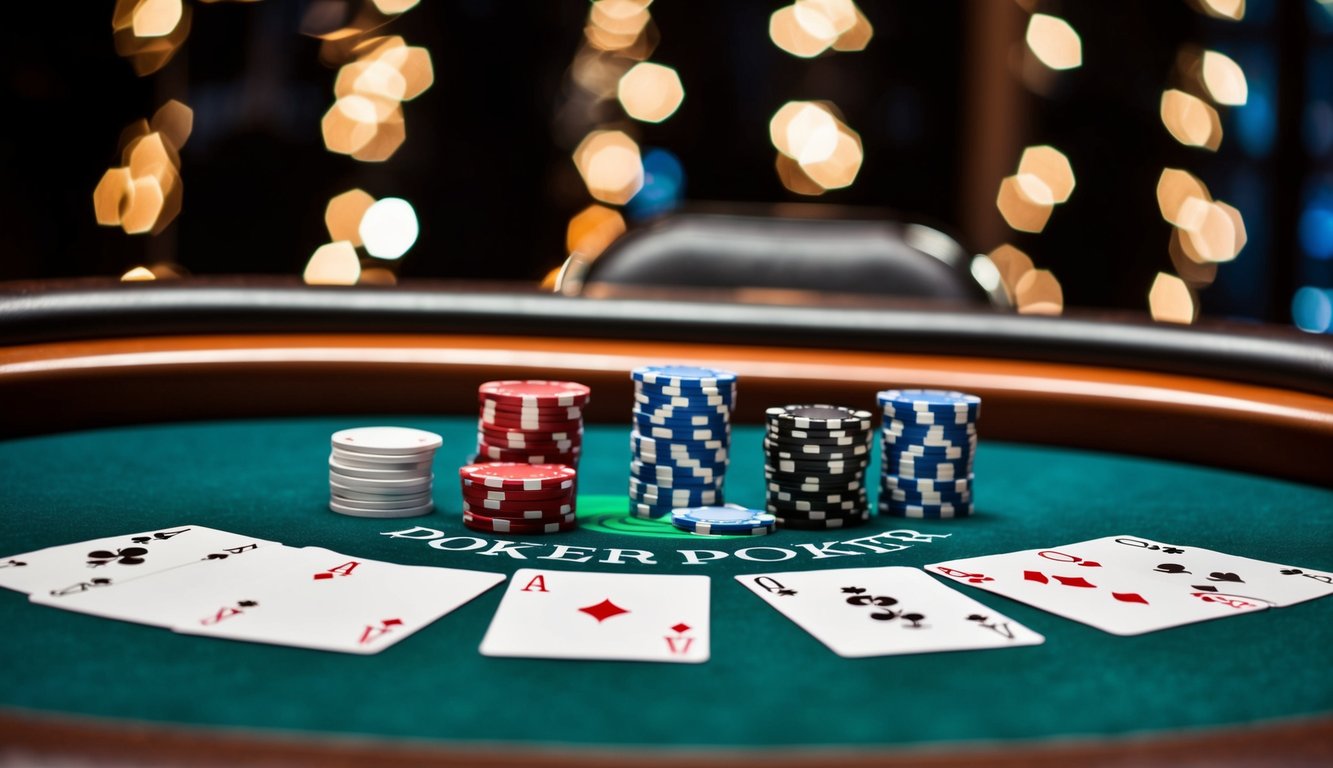 Meja poker dengan chip, kartu, dan tombol dealer