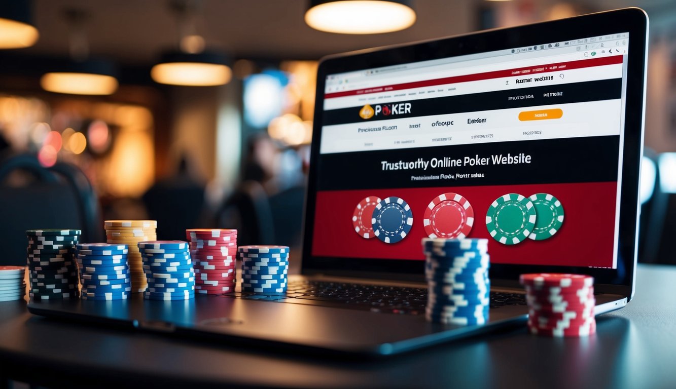 Sekelompok chip poker, kartu, dan layar komputer dengan situs web poker online yang terpercaya ditampilkan