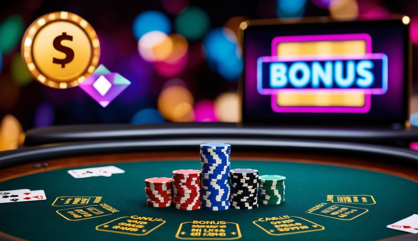 Sebuah meja poker online yang berwarna-warni dengan chip dan kartu, dikelilingi oleh grafis kasino virtual dan tanda bonus