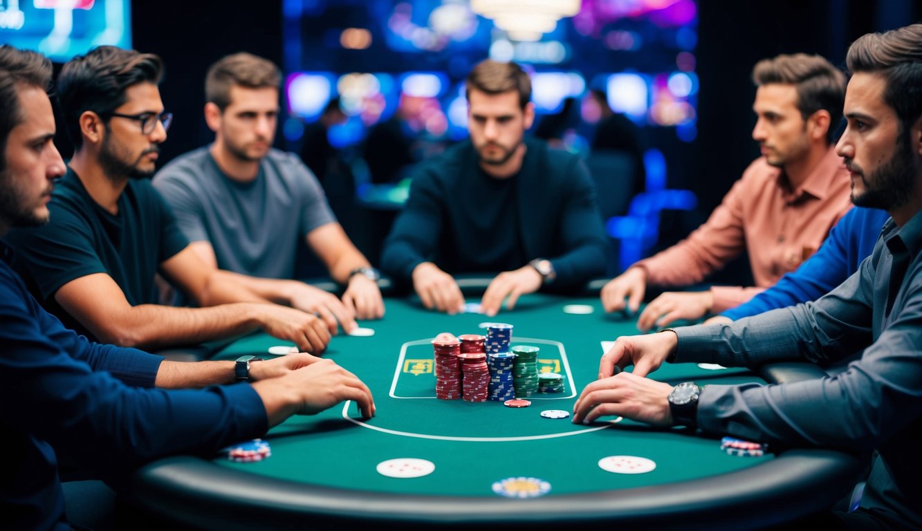 Sekelompok pemain duduk di sekitar meja poker virtual, masing-masing fokus pada kartu dan chip digital mereka, dengan suasana yang tegang dan kompetitif.