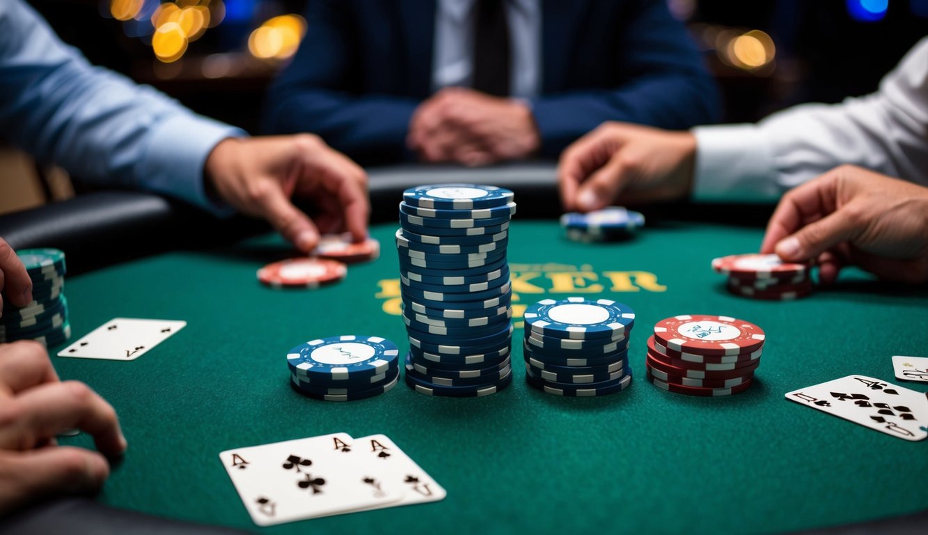 Sekelompok chip poker yang disusun di atas meja felt hijau, dengan kartu yang dibagikan dan pemain yang merencanakan strategi.