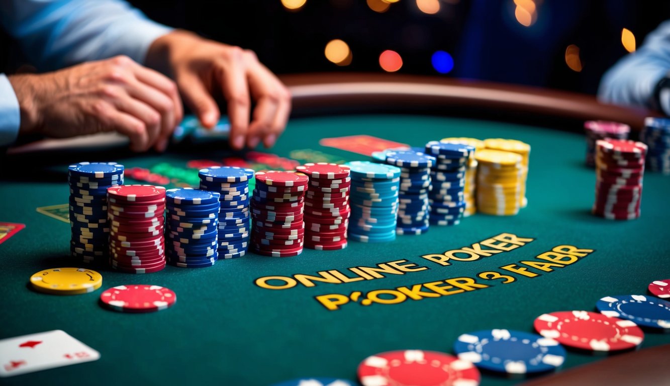 Meja poker online yang cerah dengan chip dan kartu berwarna-warni