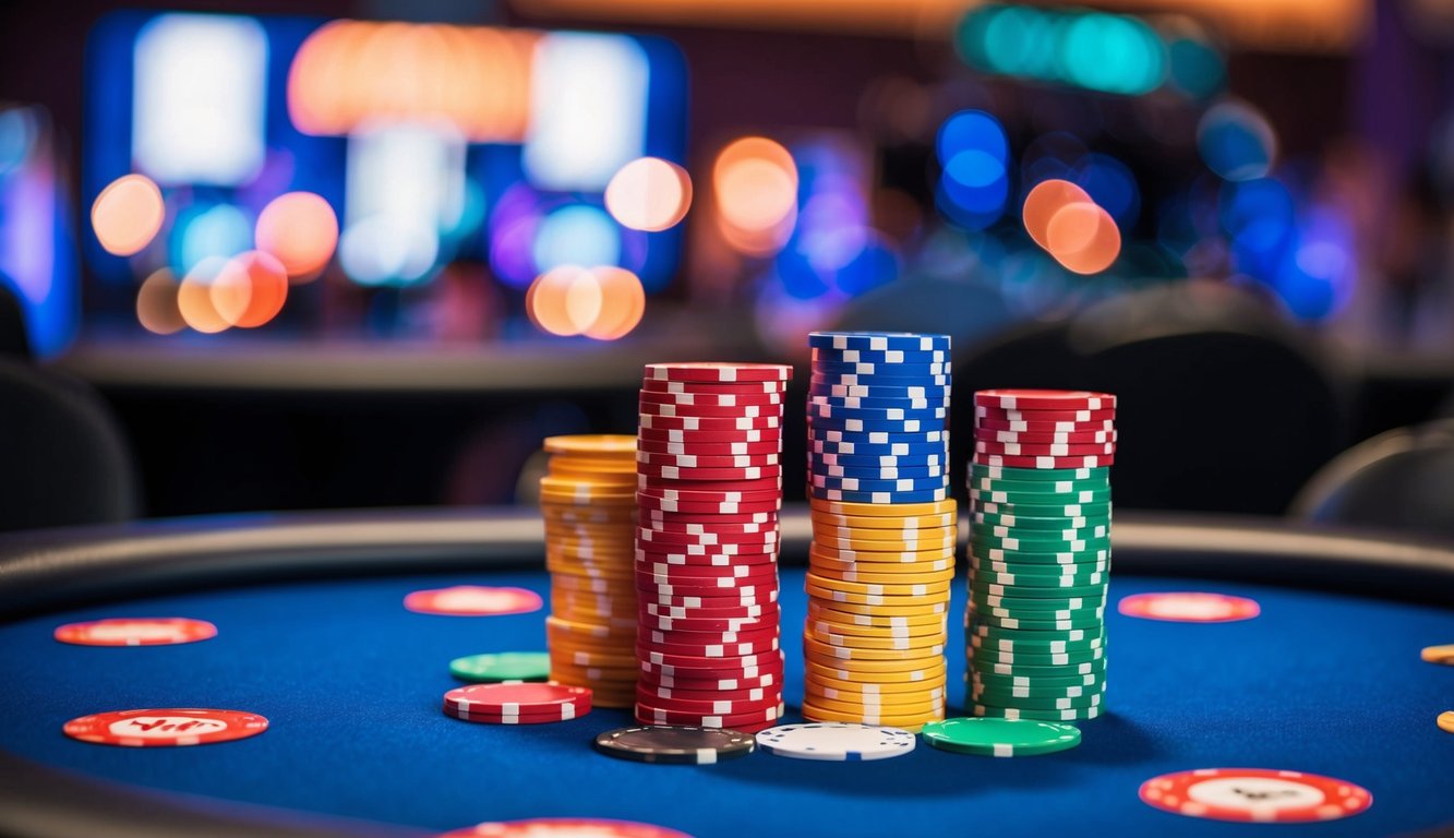 Sebuah meja poker online yang cerah dengan chip dan kartu berwarna-warni