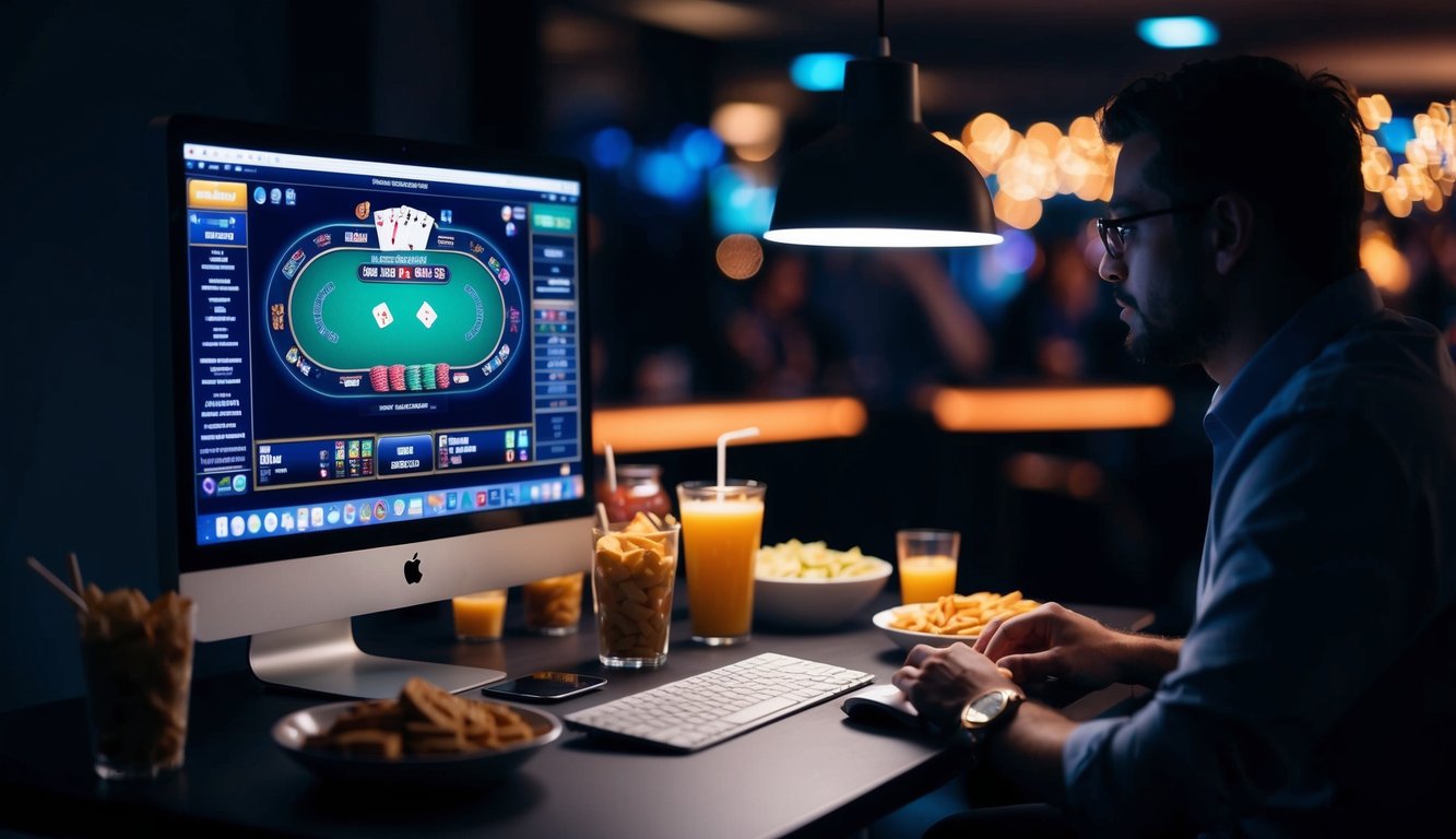 Sebuah ruangan yang redup dengan layar komputer yang menampilkan permainan poker, dikelilingi oleh makanan ringan dan minuman