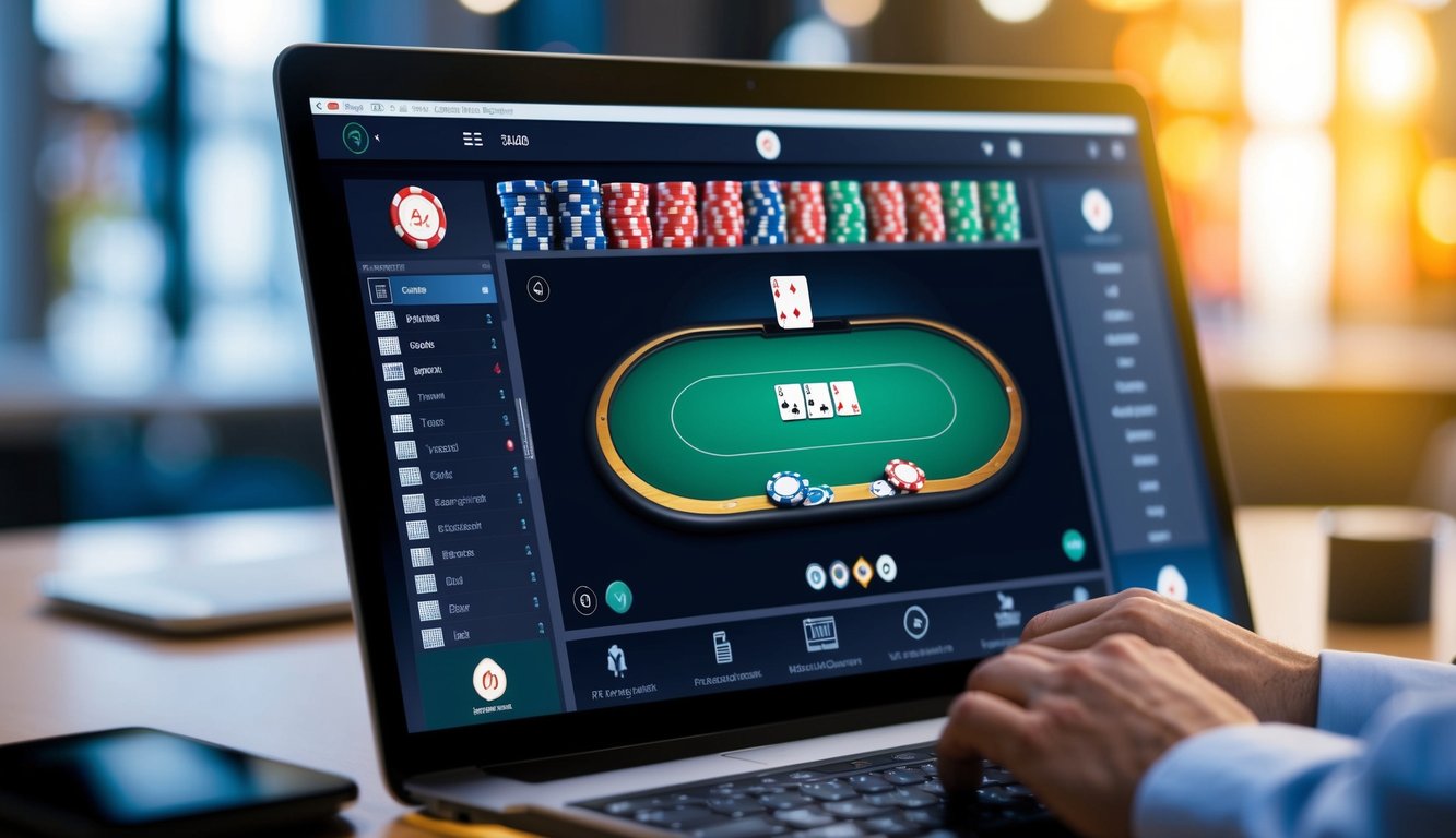 Sebuah layar digital menampilkan meja poker virtual dengan kartu dan chip, dikelilingi oleh antarmuka yang ramping dan modern.