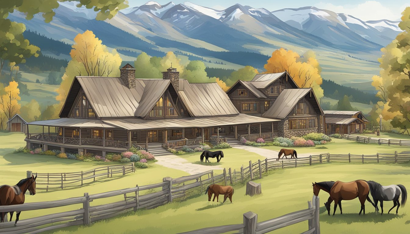 A sprawling ranch with horses grazing, mountains in the distance, and a large rustic house with a wrap-around porch