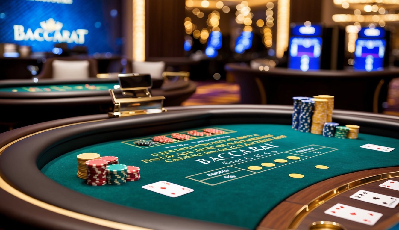 Sebuah meja baccarat yang ramping dan modern dengan chip berwarna-warni dan setumpuk kartu, di latar belakang kasino yang mewah