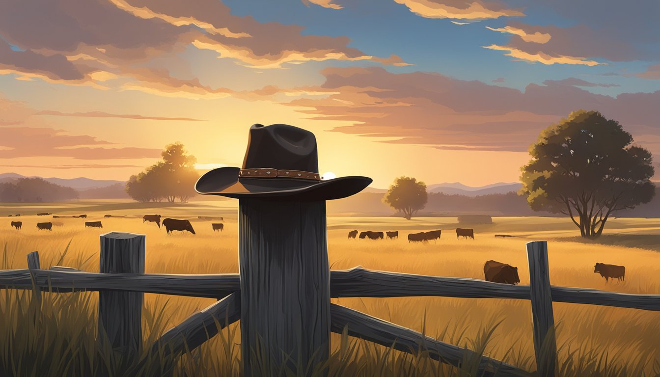 A cowboy hat on a weathered fence post, surrounded by open fields and grazing cattle at sunset