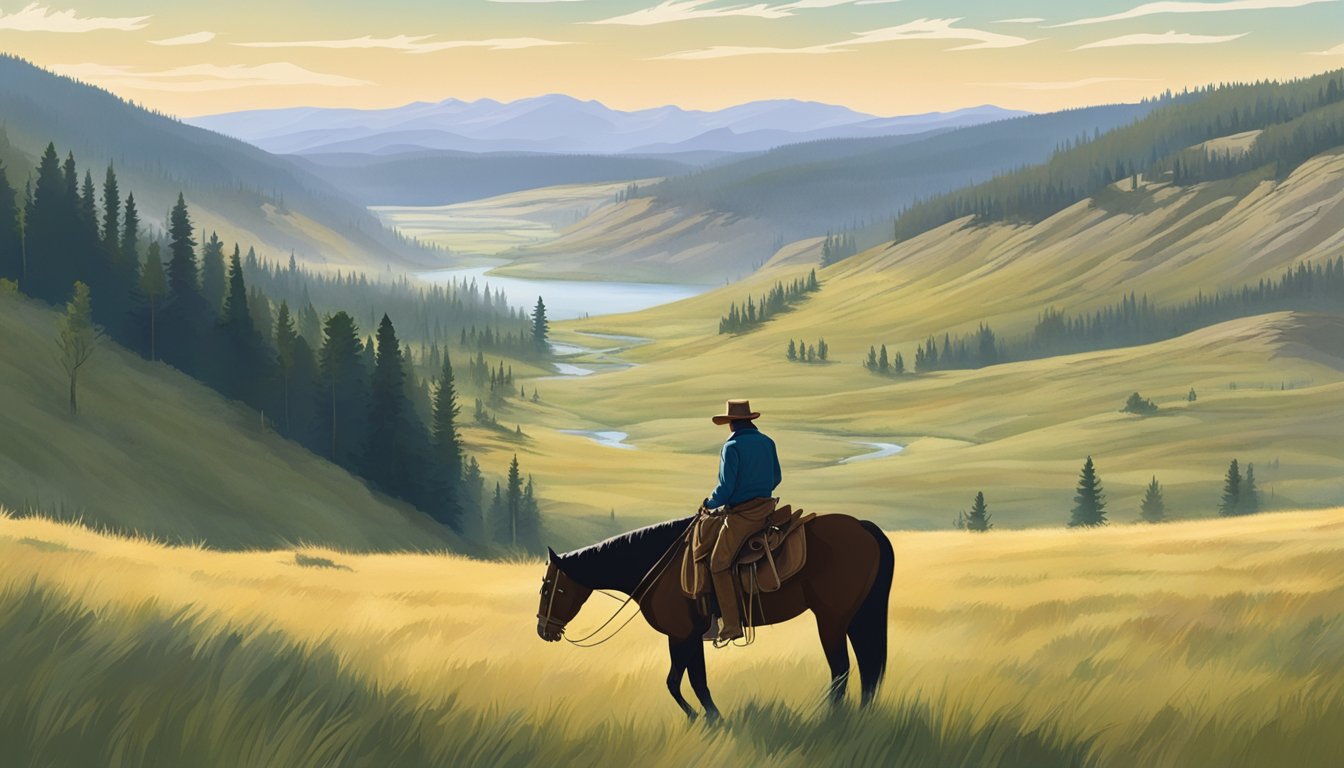 A lone figure on horseback surveys the vast expanse of the Yellowstone ranch, surrounded by rolling hills and sprawling meadows