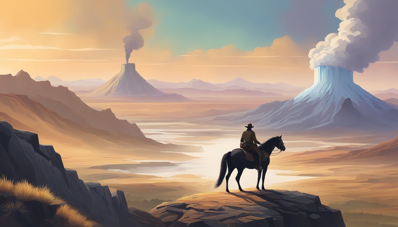 A lone figure on horseback overlooking a vast, rugged landscape with mountains and geysers in the distance