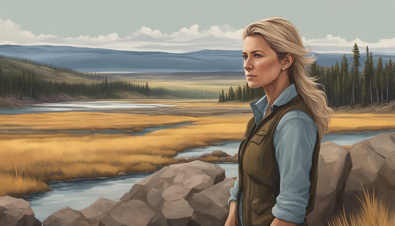 Beth Dutton stands defiantly, her piercing gaze fixed on the horizon, surrounded by the rugged beauty of the Yellowstone landscape