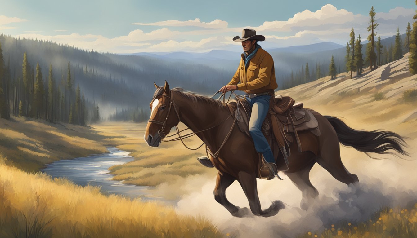 A rugged cowboy riding a horse through the picturesque Yellowstone countryside