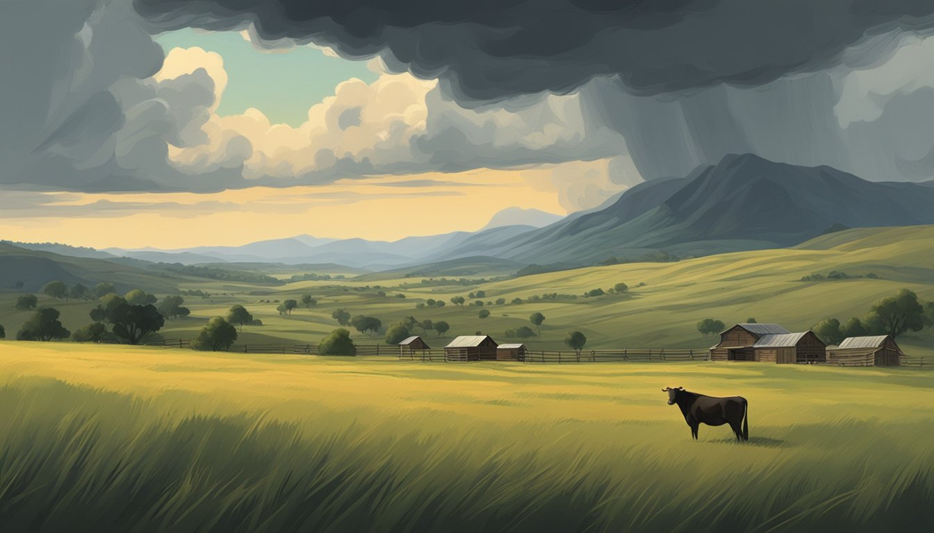 A lone figure stands in front of a sprawling ranch, surrounded by rolling hills and grazing cattle. The sky is filled with ominous storm clouds, hinting at the underlying tension and conflict within the story