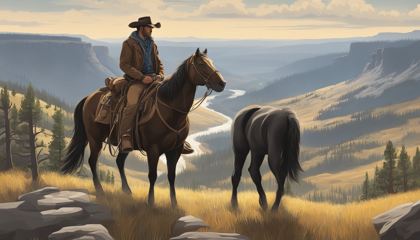 A rugged cowboy on a horse, overlooking the vast and rugged landscape of Yellowstone