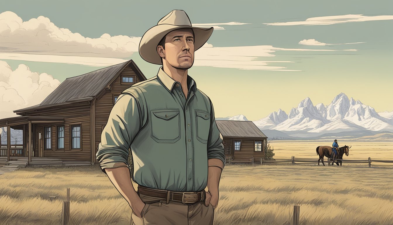 Jamie Dutton standing in front of the Yellowstone ranch house, with a look of determination on his face. The iconic ranch landscape and buildings are visible in the background